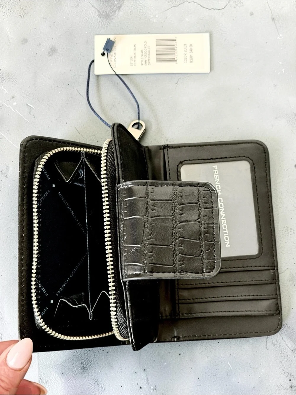 French Connection Black Emmy Croc-Embossed Fold Snap & Zipper Wallet